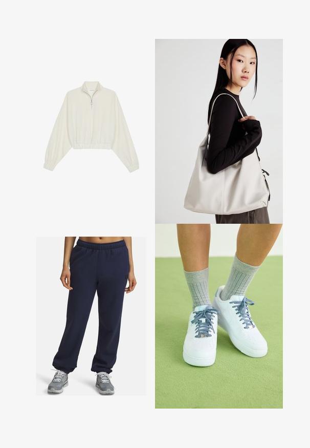 Zkrátený pulover z krémového materiálu, s vysokým golierom, polovičným zipsom, elastickým lemom a manžetami, s hladkou textúrou a minimalistickým dizajnom.; Námořní modré tepláky s elastickým pasem, manžetami u kotníků a nenápadným logem na boku, vyrobené z měkkého, prodyšného materiálu.; Biele kožené tenisky s modrými akcentmi, perforovaným dizajnom na špičke a textúrovanými modro-bielymi šnúrkami, nosené so sivými rebrovanými ponožkami.; Béžová kabelka vyrobená z mäkkého materiálu, s uvoľneným dizajnom, prišitými detailmi a dvoma popruhmi na nosenie na pleciach. Vhodná na každodenné nosenie.