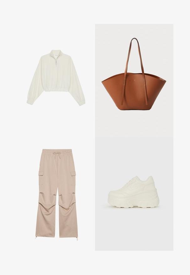 Kreptais pusītes džemperis krēmkrāsā, ar augstu apkakli, puszipa aizdari, elastīgu apakšmalu un aprocēm, ar gludu tekstūru un minimālistisku dizainu.; Bežīgas cargo bikses ar elastīgu jostu, aukliņu, divām sānu kabatām un rāvējslēdzēja aprocēm, izgatavotas no mīksta, teksturēta auduma.; Baltie platformas sporta apavi, kas izgatavoti no gludas mākslīgās ādas, ar noapaļotu formu, mīkstu apkakli un teksturētu gumijas zoli ar izteiktiem rakstiem.; Brūna ādas somiņa ar plašu, strukturētu formu, plānām rokturēm un teksturētu virsmu. Iespējo minimālistisku dizainu bez redzamiem aksesuāriem.