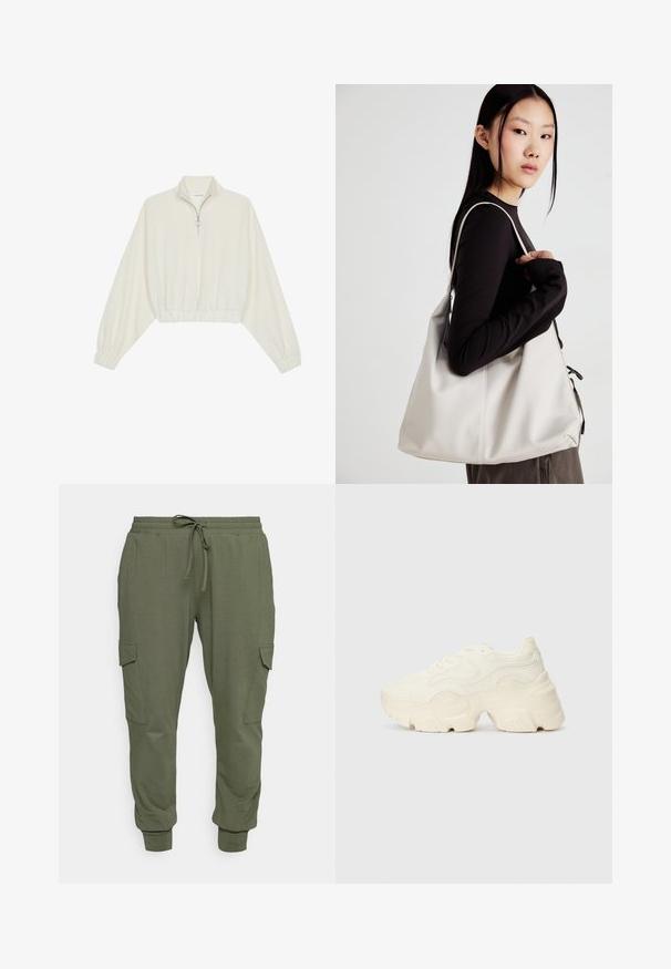 Lyhyt kerrosvaate vaaleasta kankaasta, jossa on korkea kaulus, puolivetoketjukiinnitys, joustavat helma ja hihansuut, tasainen pinta ja minimalistinen muotoilu.; Harmaat oliivinvihreät collegehousut, jotka on valmistettu pehmeästä kankaasta. Niissä on joustava vyötärönyöri, kapenevat hihansuut ja sivutaskut.; Paksut valkoiset lenkkarit, jotka on valmistettu teksturoidusta verkosta ja synteettisistä materiaaleista. Kenkäparissa on paksu pohja ja monimutkaisat kuviohuokoset sivuilla.; Beige laukku, joka on valmistettu pehmeästä materiaalista, ja siinä on rento muotoilu, ommeltu yksityiskohtia ja kaksi olkahihnaa. Sopii päivittäiseen käyttöön.