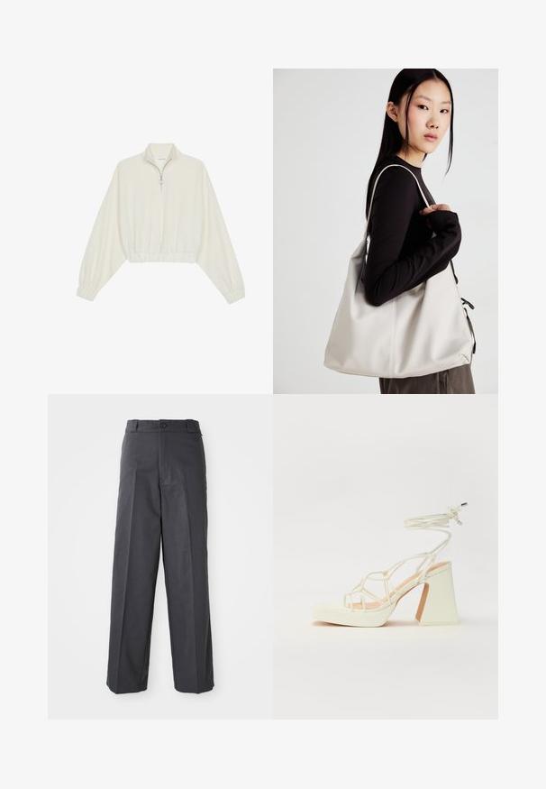 Kreptais pusītes džemperis krēmkrāsā, ar augstu apkakli, puszipa aizdari, elastīgu apakšmalu un aprocēm, ar gludu tekstūru un minimālistisku dizainu.; Tumši pelēki bikses ar taisnu kāju dizainu, ar vienu pogu aizdari, jostas cilpām un gludu, teksturētu audumu.; Baltas augstpapēžu sandales ar masīvu papēdi, ar siksnu dizainu un potītes saistītiem elementiem. Gluda tekstūra ar platformu priekšpusē, lai nodrošinātu papildu augstumu.; Bežs rokassoma, izgatavota no mīksta materiāla, ar brīvu dizainu, izšūtu apdari un divām plecu siksnām. Piemērota ikdienas lietošanai.