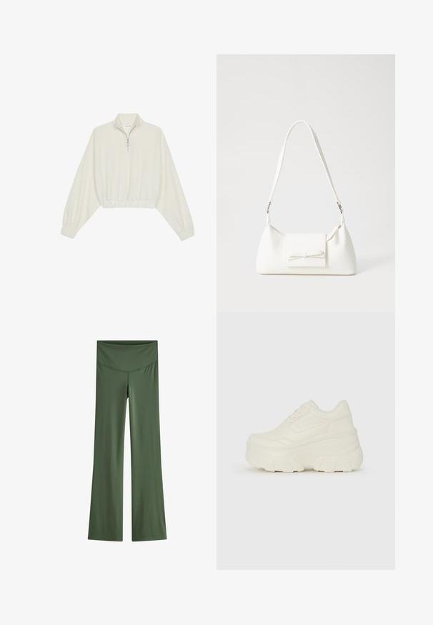 Kratka pulover v kremnem blagu, z visokim ovratnikom, pol-zadrgo, elastičnim robom in manšetami, z gladko teksturo in minimalističnim oblikovanjem.; Razširjene legice iz enobarvnega olivno zelene tkanine, ki imajo gladek pas in eleganten dizajn brez izrazitih vzorcev ali okrasnih dodatkov.; Bele platformske tene z belim zgornjim delom, ki spominja na usnje, okroglo obliko, oblazinjen ovratnik ter gumo z teksturo na podplatu z izrazitimi profili.; Bela sintetična torbica v obliki trikotnika, z ravnim sprednjim poklopcem in detajlom mašne, nastavljivim trakom, gladko teksturo in minimalističnim dizajnom.