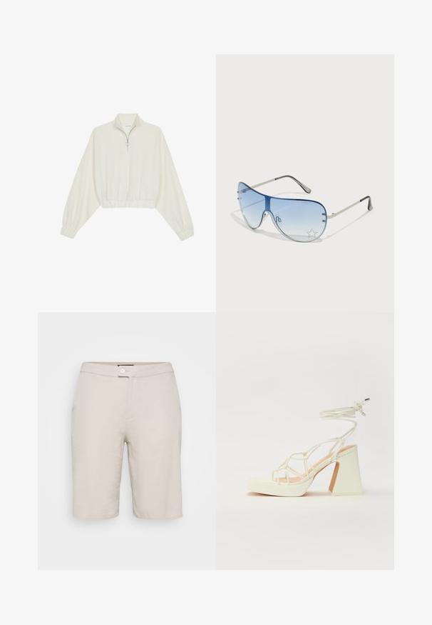 Kreminės spalvos trumpas megztinis, turintis aukštą apykaklę, pusiau užtrauktuką, elastinį apačią irRankovių kraštus, su lygiu paviršiumi ir minimalizuotu dizainu.; Betono spalvos medvilniniai šortai su mygtuko užsegimu, dviem šoninėmis kišenėmis ir tiesiu siluetu. Pasižymi lygiu paviršiumi ir paprastu dizainu.; Balti aukštakulniai sandalai su masyviu kulnu, su dirželių dizainu ir kulkšnies raiščiu. Lygi tekstūra su platforma priekyje, suteikianti papildomą aukštį.; Aviatoriai akiniai su gradientiniais mėlynais objektyvais, sidabriniu metaliniu rėmu ir dekoratyvinėmis žvaigždžių akcentais ant objektyvų. Lygaus ir stilingo dizaino.