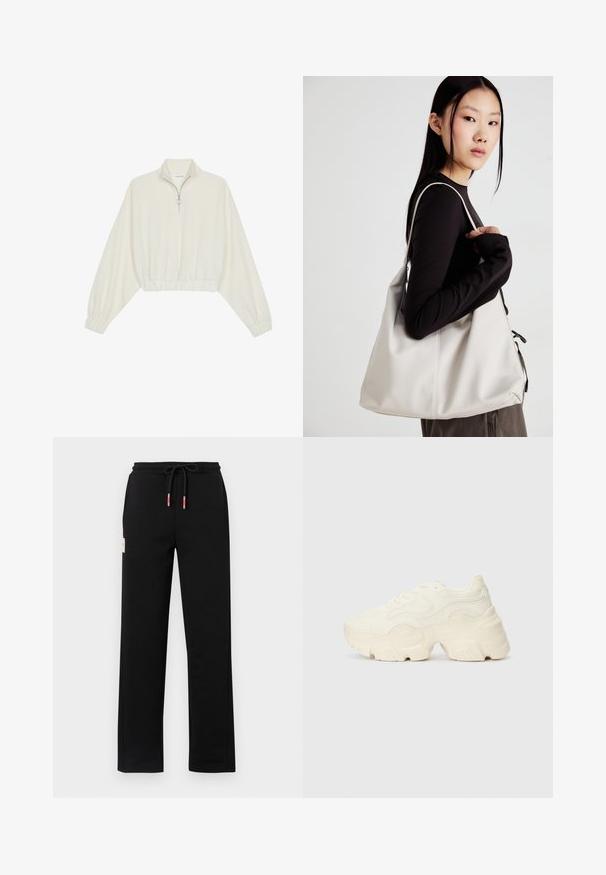 Kort striktrøje i cremefarvet stof med høj krave, halvlynlås, elastisk kant og manchetter, glat tekstur og minimalistisk design.; Sorte sweatpants med snor i taljen, med røde og hvide detaljer, sidelommer og et lille mærke foran. Glat tekstur.; Chunky hvide sneakers lavet af tekstureret mesh og syntetiske materialer, med en tyk sål og intrikate mønsterdetaljer langs siderne.; Beige håndtaske lavet af blødt materiale med et slouchy design, stikninger og to skulderremme. Velegnet til daglig brug.
