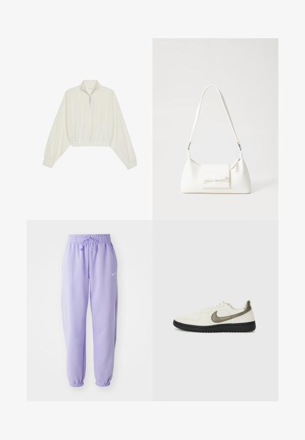 Zkrátený pulover z krémového materiálu, s vysokým golierom, polovičným zipsom, elastickým lemom a manžetami, s hladkou textúrou a minimalistickým dizajnom.; Svetlo fialové tepláky s elastickým pásom na stiahnutie, elastickými manžetami a malým bielym logom Nike na prednej strane. Vyrobené z mäkkého, štruktúrovaného materiálu.; Nike Sportswear FIELD GENERAL - Tenisky - off-white/black; Biela syntetická kabelka s trojuholníkovým tvarom, plochým predným klapkou a detailom mašle, nastaviteľným popruhom, hladkou textúrou a minimalistickým dizajnom.