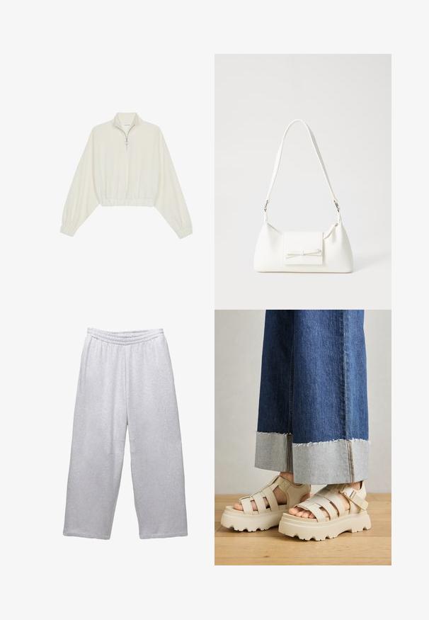 Kort striktrøje i cremefarvet stof med høj krave, halvlynlås, elastisk kant og manchetter, glat tekstur og minimalistisk design.; Lysegrå brede sweatpants med elastisk talje og stikninger på en hvid baggrund.; Beige platform sandaler med tykke såler har et bånddesign og justerbare ankelremme. Båret med bredbenede denimbukser, hvor den ene kant er flosset.; Hvid syntetisk håndtaske med en trekantet form, flad forsideklap og sløjfedetalje, justerbar strop, glat tekstur og minimalistisk design.