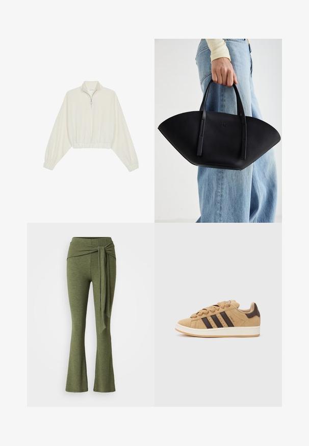 Pullover curto em tecido creme, apresentando um colarinho alto, fecho de meio zíper, bainha e punhos elásticos, com uma textura suave e design minimalista.; Calças verde-oliva em tecido suave com um design de perna larga. Apresentam um detalhe de nó distinto na cintura alta.; Sapatilhas de camurça castanha com três riscas castanhas escuras, sola branca e atacadores bege. Combinadas com calças listradas em teal e branco.; Bolsa de mão em couro preto com uma forma única em leque, apresentando alças planas. A superfície tem uma textura pebble e um design minimalista.
