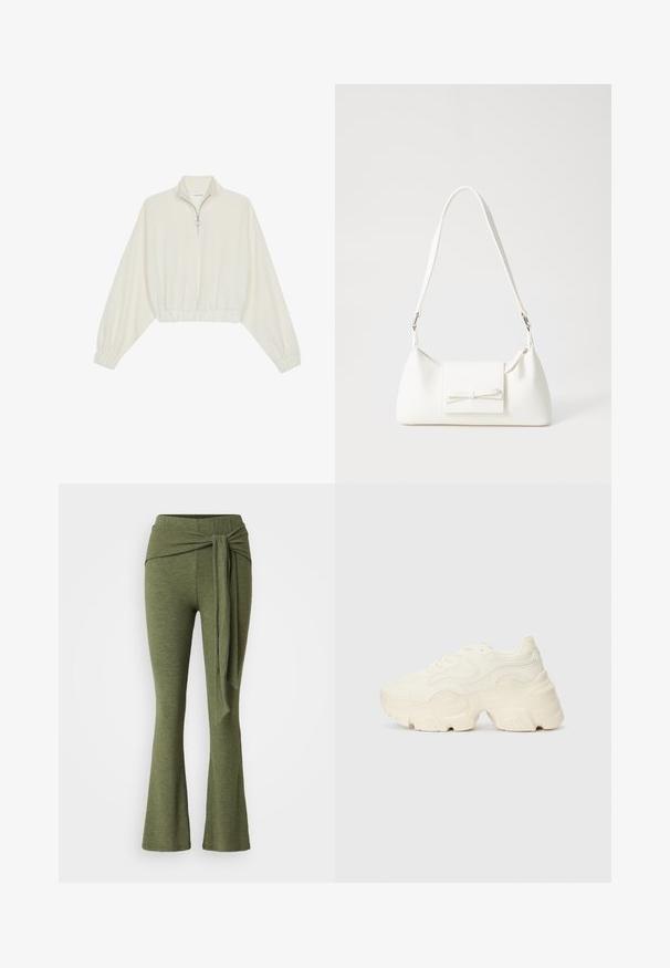 Skórzany pulower w kolorze kremowym, z wysokim kołnierzem, półzamkiem, elastycznym wykończeniem u dołu i mankietami, o gładkiej teksturze i minimalistycznym designie.; Oliwkowe spodnie wykonane z miękkiego materiału z rozszerzanymi nogawkami. Posiadają charakterystyczny detal w postaci węzła na wysokim talii.; Podeszwa chunky białych sneakersów wykonana z teksturowanej siateczki i materiałów syntetycznych, z grubą podeszwą i skomplikowanymi detalami wzoru po bokach.; Biała syntetyczna torba o trójkątnym kształcie, płaskim przednim klapce i detalach w postaci kokardy, regulowanym pasku, gładkiej fakturze oraz minimalistycznym designie.