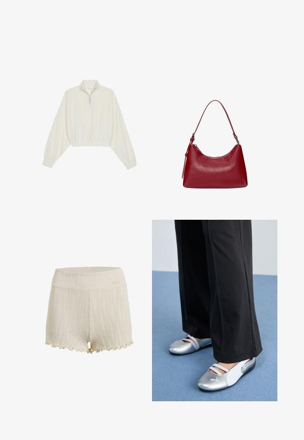 Gerippter Pullover aus cremefarbener Baumwolle mit hohem Kragen, halbem Reißverschluss, elastischen Säumen und Bündchen, glatter Textur und minimalistischem Design.; Baumwollshorts in Off-White mit strukturierten, vertikalen Linien, gewelltem Saum und einem glatten Bund mit einem kleinen Logo-Akzent.; Silberne und weiße flache Schuhe mit überkreuzten Riemen und strukturierten Details, ergänzt durch lockere schwarze Hosen. Vor einem blauen Boden.; Rote Leder-Schultertasche mit einem geschwungenen Design, glatter Textur und einem Reißverschluss. Sie verfügt über einen dünnen Henkel zum Tragen.