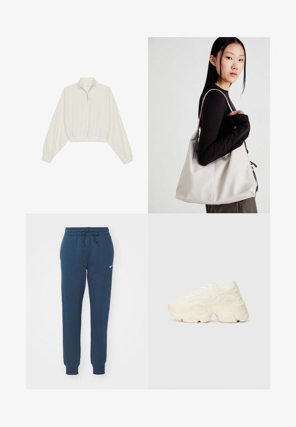 Kreminės spalvos trumpas megztinis, turintis aukštą apykaklę, pusiau užtrauktuką, elastinį apačią irRankovių kraštus, su lygiu paviršiumi ir minimalizuotu dizainu.; Nike Sportswear PANT - Treningo apatinė dalis - armory navy; Masyvios baltos sportbačiai, pagaminti iš tekstūruoto tinklelio ir sintetinių medžiagų, pasižymintys storu padu ir išsamiu raštų detalizavimu šonuose.; Bežinė rankinė, pagaminta iš minkštos medžiagos, turinti laisvą dizainą, siuvinėtas detalės ir dvi petnešos. Tinkama kasdieniam naudojimui.
