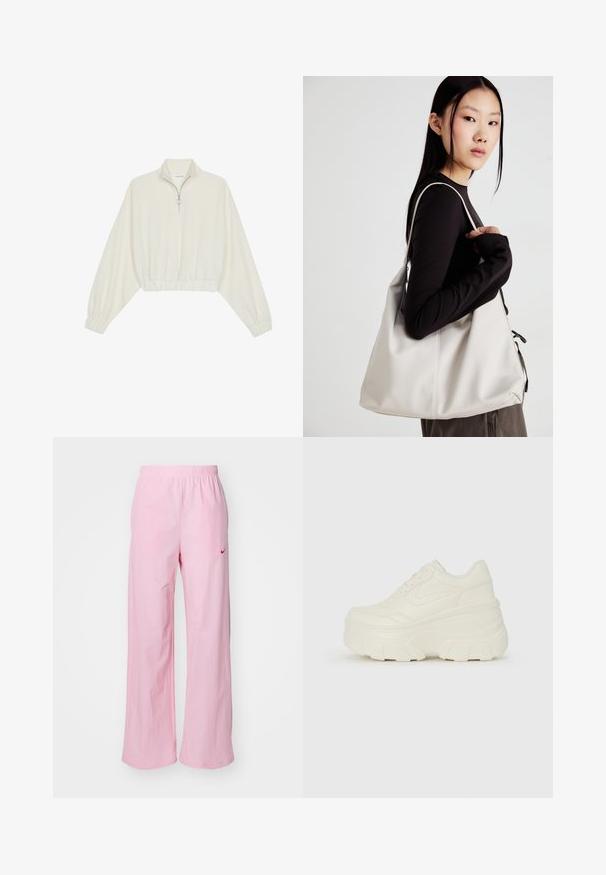 Zkrátený pulover z krémového materiálu, s vysokým golierom, polovičným zipsom, elastickým lemom a manžetami, s hladkou textúrou a minimalistickým dizajnom.; Ružové elastické nohavice s uvoľneným strihom. Obsahujú červené logo na ľavej strane a majú hladkú, ľahkú textúru.; Biele platformové tenisky s hladkým koženkovým svrchným materiálom, zaobleným tvarom, polstrovaným golierom a textúrovanou gumovou podrážkou s výrazným vzorom.; Béžová kabelka vyrobená z mäkkého materiálu, s uvoľneným dizajnom, prišitými detailmi a dvoma popruhmi na nosenie na pleciach. Vhodná na každodenné nosenie.