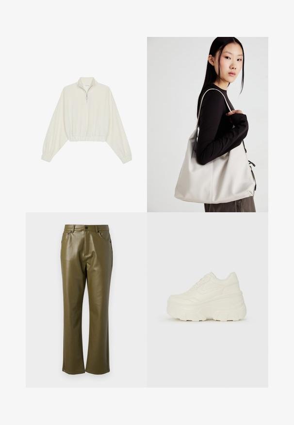 Skórzany pulower w kolorze kremowym, z wysokim kołnierzem, półzamkiem, elastycznym wykończeniem u dołu i mankietami, o gładkiej teksturze i minimalistycznym designie.; Oliwkowe spodnie z ekoskórki o prostym kroju. Posiadają kieszenie z przodu oraz zamek błyskawiczny z metalowym zapięciem na guzik. Gładka tekstura.; Białe sneakersy na platformie z gładkim, skórzano przypominającym wierzchem, zaokrąglonym kształtem, wyściełanym kołnierzem oraz teksturowaną gumową podeszwą z wyraźnym bieżnikiem.; Beżowa torebka wykonana z miękkiego materiału, charakteryzująca się luźnym fasonem, wyszywanymi detalami i dwoma uchwytami na ramię. Idealna na co dzień.