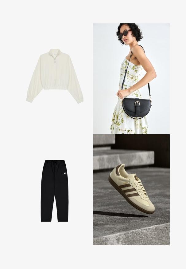Pulover scurt din stofă crem, cu guler înalt, închidere cu fermoar pe jumătate, elastic la margini și la manșete, cu o textură netedă și un design minimalist.; Pantaloni de trening negri, realizați dintr-un material moale, cu talie elastică, șnur și buzunare laterale. Prezintă un mic logo alb pe coapsă.; Pantof sport de culoare crem cu accente maro, dungi texturate pe lateral și finisaj din piele netedă. Are design cu șireturi și talpă din cauciuc.; Geantă din piele neagră, cu o formă curbată, curea detașabilă și accesorii aurii. Geanta are un capac cu un detaliu tip cataramă.