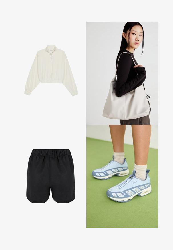 Kreminės spalvos trumpas megztinis, turintis aukštą apykaklę, pusiau užtrauktuką, elastinį apačią irRankovių kraštus, su lygiu paviršiumi ir minimalizuotu dizainu.; Juodi šortai su elastinga juosta. Minkšta medžiaga, paprastas dizainas ir šiek tiek suapvalintas apatinis kraštas. Nėra matomų raštų ar logotipų.; Šviesiai mėlynos sportinės batuokai su baltais akcentais, tekstūruotais paneliais ir užtrauktuku. Yra matoma oro amortizavimo padas ir guminis padas.; Bežinė rankinė, pagaminta iš minkštos medžiagos, turinti laisvą dizainą, siuvinėtas detalės ir dvi petnešos. Tinkama kasdieniam naudojimui.