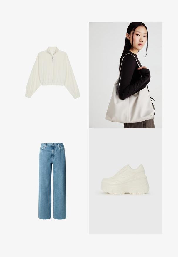 Cropped pullover in cream fabric, featuring a high collar, half-zip closure, elasticated hem and cuffs, with a smooth texture and minimal design.; Blue denim wide-leg jeans with a high waist, featuring belt loops, a zip fly, and frayed hems. The fabric has a soft, smooth texture.; White platform sneakers featuring a smooth leather-like upper, rounded shape, padded collar, and textured rubber sole with defined treads.; Beige handbag made of soft material, featuring a slouchy design, stitched detailing, and two shoulder straps. Suitable for everyday use.
