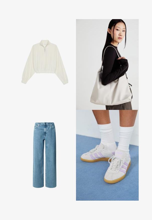 Kreminės spalvos trumpas megztinis, turintis aukštą apykaklę, pusiau užtrauktuką, elastinį apačią irRankovių kraštus, su lygiu paviršiumi ir minimalizuotu dizainu.; Mėlynos džinsinės plačių kojų kelnės su aukšta liemens linija, su diržo kilpomis, užtrauktuku ir sušalusiomis apyrankėmis. Audinys yra minkštas ir lygus.; Šviesiai pilki zomšiniai sportbačiai su trimis alyvinėmis juostelėmis, guminis padas, plokščios raišteliai ir balti smulkūs raišteliai. Fonas mėlynas.; Bežinė rankinė, pagaminta iš minkštos medžiagos, turinti laisvą dizainą, siuvinėtas detalės ir dvi petnešos. Tinkama kasdieniam naudojimui.