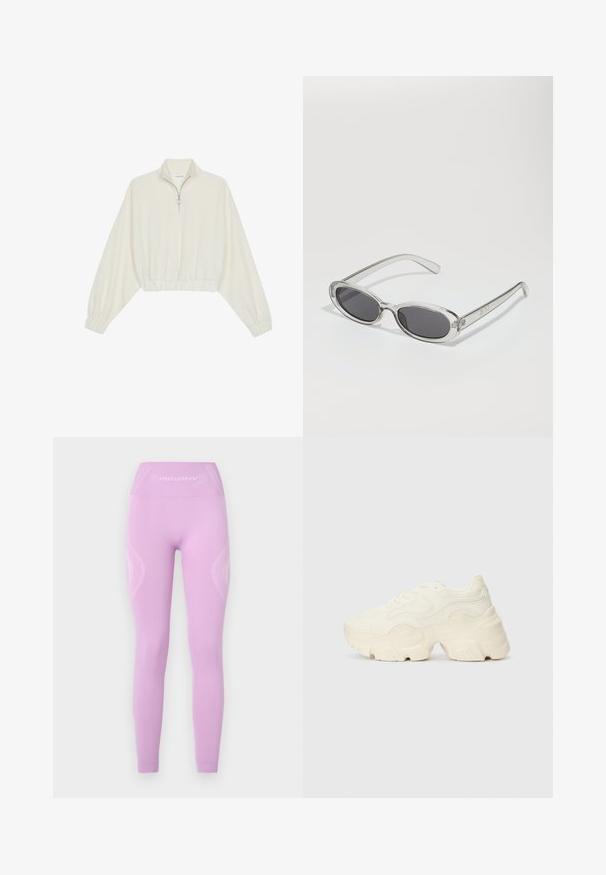 Zkrátený pulover z krémového materiálu, s vysokým golierom, polovičným zipsom, elastickým lemom a manžetami, s hladkou textúrou a minimalistickým dizajnom.; Svetlofialové legíny s vysokým pásom, textúrovanými bočnými panelmi a jemným logom na prednej strane, vyrobené z elasticého materiálu.; Masívne biele tenisky vyrobené z texturovanej sieťoviny a syntetických materiálov, s hrubou podošvou a zložitými vzorovými detailmi na bokoch.; Slnečné okuliare oválneho tvaru, s priehľadným plastovým rámom, tmavošedými šošovkami a tenkými priehľadnými ramienkami s logovými akcentmi a minimálnym detailovaním.; Biela syntetická kabelka s trojuholníkovým tvarom, plochým predným klapkou a detailom mašle, nastaviteľným popruhom, hladkou textúrou a minimalistickým dizajnom.