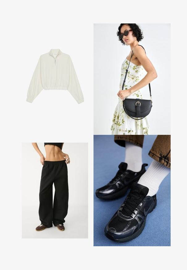 Gerippter Pullover aus cremefarbener Baumwolle mit hohem Kragen, halbem Reißverschluss, elastischen Säumen und Bündchen, glatter Textur und minimalistischem Design.; Schwarze, weite Jogginghosen mit elastischem Taillenbund. Hergestellt aus weichem Stoff und mit lockerer Passform. Kombiniert mit braunen Turnschuhen.; Schwarze Nike-Sneaker aus Mesh und synthetischem Material mit strukturierter Oberseite, schwarzen Schnürsenkeln und strapazierfähigen Gummisohlen. Weiße, gerippte Socken sind sichtbar.; Schwarze Lederhandtasche mit geschwungener Form, abnehmbarem Tragegurt und goldenen Beschlägen. Die Tasche verfügt über einen Deckel mit einer Schnallen-Details.