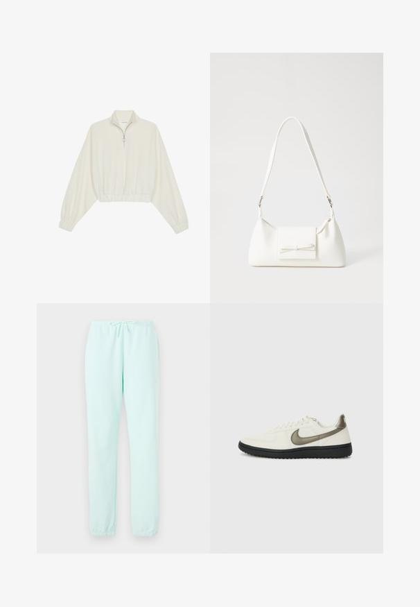 Geknipt pullover in crèmekleurige stof, met een hoge kraag, halve rits, elastische zoom en manchetten, met een soepele textuur en minimalistisch ontwerp.; Licht muntgroene sweatpants van zacht materiaal, met een elastische tailleband met een trekkoord en geribbelde boorden bij de enkels.; Nike Sportswear FIELD GENERAL - Sneakers laag - off-white/black; Witte synthetische handtas met een driehoekige vorm, platte voorklep en strikdetail, verstelbare schouderriem, gladde textuur en minimalistisch ontwerp.