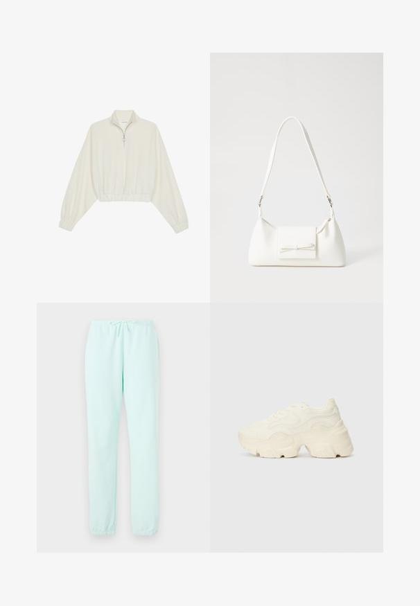 Kratka pulover v kremnem blagu, z visokim ovratnikom, pol-zadrgo, elastičnim robom in manšetami, z gladko teksturo in minimalističnim oblikovanjem.; Svetlo mint zelenkaste trenirke, izdelane iz mehkega blaga, z elastičnim pasom in vrvico ter rebrastimi manšetami na gležnjih.; Debele bele športne copate, izdelane iz teksturirane mrežaste in sintetične materialov, z debelim podplatom in zapletenimi vzorčičnimi detajli ob straneh.; Bela sintetična torbica v obliki trikotnika, z ravnim sprednjim poklopcem in detajlom mašne, nastavljivim trakom, gladko teksturo in minimalističnim dizajnom.