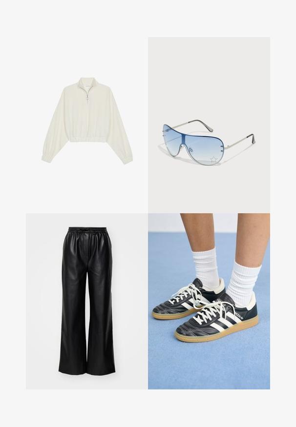 Pullover court en tissu crème, avec un col haut, fermeture éclair à mi-hauteur, ourlet et poignets élastiqués, offrant une texture lisse et un design minimaliste.; Pantalons larges en cuir noir avec une taille élastique et un cordon de serrage réglable ; texture lisse avec un design épuré et minimaliste.; Sneakers en cuir noir avec des rayures blanches, bout rond, lacets blancs et semelle en caoutchouc beige. Accentué par un col rembourré et des détails de marque.; Lunettes de soleil aviateur avec des verres dégradés bleus, une monture en métal argenté et des accents décoratifs en forme d'étoile sur les verres. Design lisse et élégant.