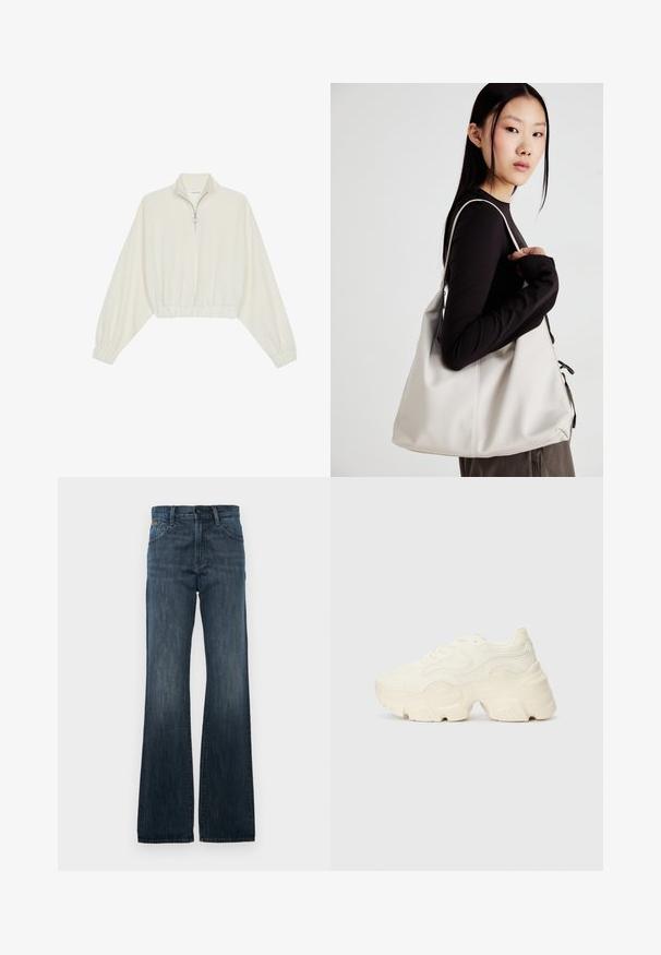 Kreminės spalvos trumpas megztinis, turintis aukštą apykaklę, pusiau užtrauktuką, elastinį apačią irRankovių kraštus, su lygiu paviršiumi ir minimalizuotu dizainu.; Tamsiai mėlynos džinsinės aulinės kelnės su klasikinio penkių kišenių dizainu ir švelniu blukimu. Mygtuko ir užtrauktuko uždarymas juosmens srityje, sustiprinti siuvimo detalės.; Masyvios baltos sportbačiai, pagaminti iš tekstūruoto tinklelio ir sintetinių medžiagų, pasižymintys storu padu ir išsamiu raštų detalizavimu šonuose.; Bežinė rankinė, pagaminta iš minkštos medžiagos, turinti laisvą dizainą, siuvinėtas detalės ir dvi petnešos. Tinkama kasdieniam naudojimui.