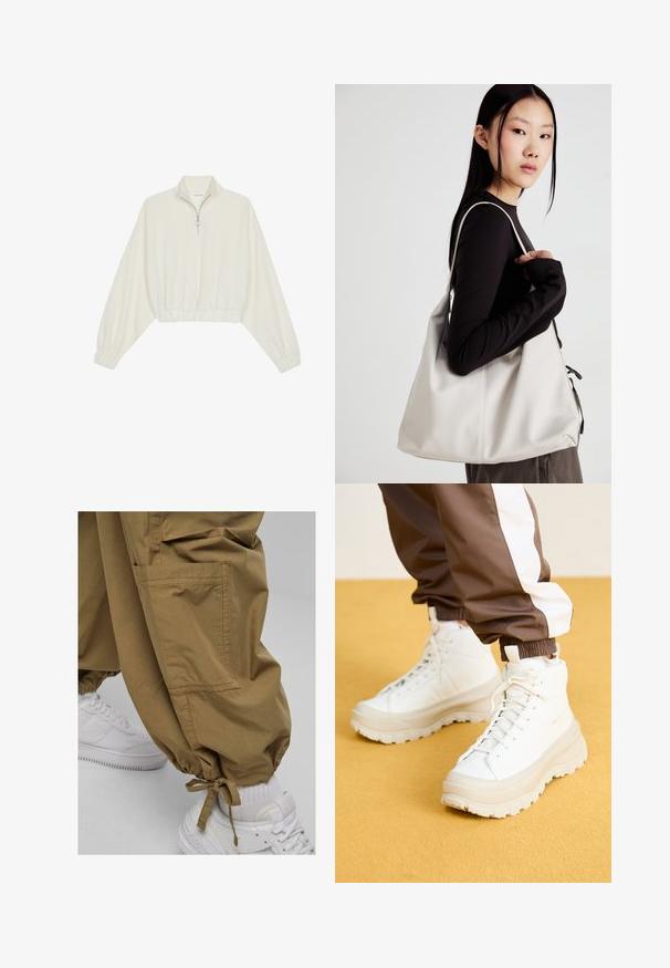 Krém színű, rövidített pulóver, magas gallérral, félig cipzáros záródással, elasztikus derék- és ujjakrésszel, sima textúrával és minimalista dizájnnal.; Khaki katonai nadrág elasztikus mandzsettával, oldalzsebekkel és puha tapintással, fehér sportcipőkkel párosítva. Kényelmes dizájn, amely alkalmas a mindennapi viseletre.; Fehér, magasszárú sportcipők, vastag, texturált talppal, sima bőr felsőrésszel, kerek orral és azonos színű fűzőkkel, sárga háttér előtt.; Puha anyagból készült bézs kézitáska, laza dizájnnal, varrott részletekkel és két vállpánttal. Mindennapi használatra alkalmas.