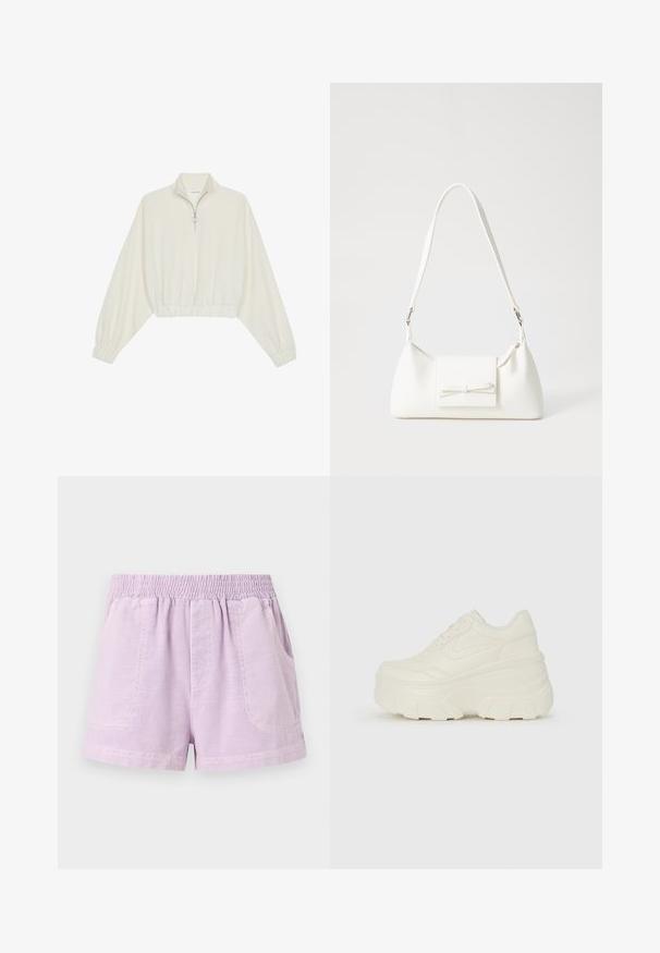 Cropped pullover in cream fabric, featuring a high collar, half-zip closure, elasticated hem and cuffs, with a smooth texture and minimal design.; Lilac shorts made from lightweight fabric with an elastic waistband, featuring two front pockets and a relaxed fit.; White platform sneakers featuring a smooth leather-like upper, rounded shape, padded collar, and textured rubber sole with defined treads.; White synthetic handbag with a triangular shape, flat front flap and bow detail, adjustable strap, smooth texture, and minimalistic design.