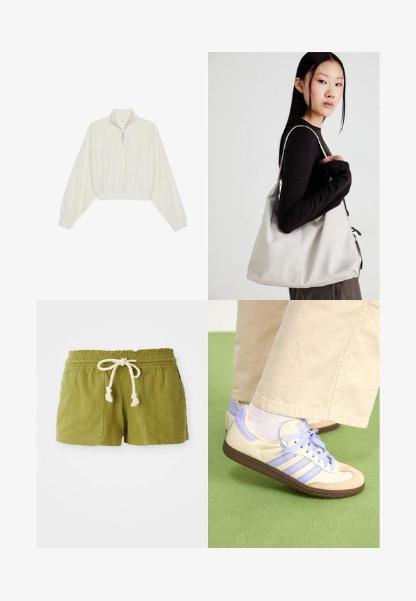 Pullover accorciato in tessuto crema, con colletto alto, chiusura a zip parziale, orlo e polsini elasticizzati, dalla texture liscia e design minimal.; Shorts verde in misto lino con vita elastica, laccio regolabile e due tasche anteriori. Vestibilità corta e casual con tessuto testurizzato.; Sneakers crema e lavanda con tre strisce e suola marrone texturizzata, dotati di lacci e tallone imbottito. Parte superiore in tessuto morbido.; Borsa a mano beige realizzata in materiale morbido, caratterizzata da un design morbido, dettagli cuciti e due manici. Adatta per l'uso quotidiano.