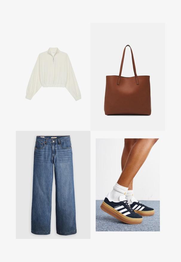 Cropped pullover in cream fabric, featuring a high collar, half-zip closure, elasticated hem and cuffs, with a smooth texture and minimal design.; Wide-leg jeans made of blue denim, featuring a high waist, five pockets, and contrasting orange stitching. Smooth texture, no embellishments.; Black suede sneakers with white stripes and accents, rounded toe, gum rubber outsole, paired with white ribbed crew socks.; Brown leather tote bag with a smooth texture, open top design, and two shoulder straps. Features minimal stitching and no visible hardware.