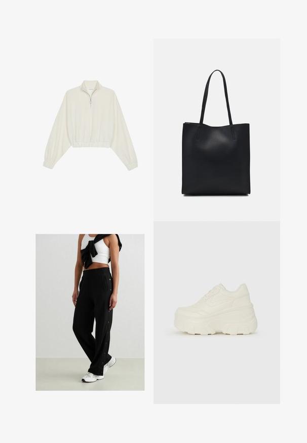 Cropped pullover in cream fabric, featuring a high collar, half-zip closure, elasticated hem and cuffs, with a smooth texture and minimal design.; Black jogging pants with side snap buttons, elastic waistband, and two side pockets. Fabric appears soft with a smooth texture.; White platform sneakers featuring a smooth leather-like upper, rounded shape, padded collar, and textured rubber sole with defined treads.; Black leather tote bag with smooth texture, rectangular shape, and two long handles. No visible hardware or embellishments.