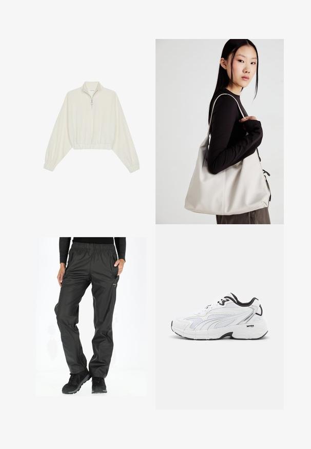 Cropped pullover in cream fabric, featuring a high collar, half-zip closure, elasticated hem and cuffs, with a smooth texture and minimal design.; Black waterproof pants featuring an elastic waistband, side pockets, and a smooth texture, designed for outdoor activities.; White athletic sneaker featuring a mesh upper, black accents, textured paneling, and a cushioned sole for comfort and support.; Beige handbag made of soft material, featuring a slouchy design, stitched detailing, and two shoulder straps. Suitable for everyday use.
