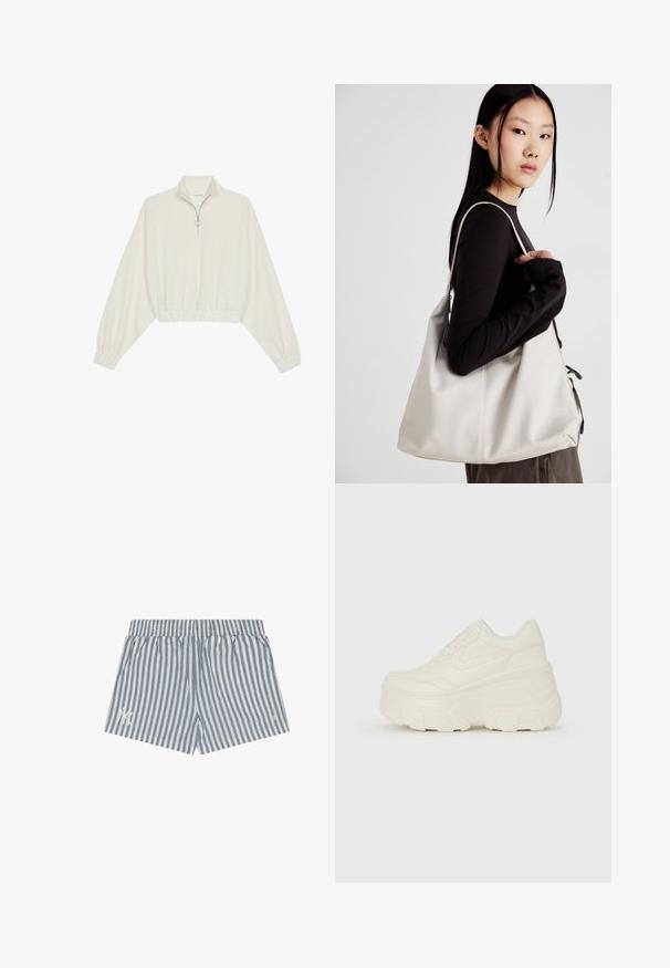 Lyhyt kerrosvaate vaaleasta kankaasta, jossa on korkea kaulus, puolivetoketjukiinnitys, joustavat helma ja hihansuut, tasainen pinta ja minimalistinen muotoilu.; Raidat lyhyet housut kevyessä sinisessä ja valkoisessa kankaassa, joissa on joustava vyötärönauha ja sivutaskut. Hienovarainen logoyksityiskohta vasemmassa jalassa.; Valkoiset tasapohjakengät, joissa on sileä nahkamainen päällinen, pyöristetty muoto, pehmustettu nilkkaosa ja texturoitu kumipohja, jossa on hyvin määritellyt urat.; Beige laukku, joka on valmistettu pehmeästä materiaalista, ja siinä on rento muotoilu, ommeltu yksityiskohtia ja kaksi olkahihnaa. Sopii päivittäiseen käyttöön.