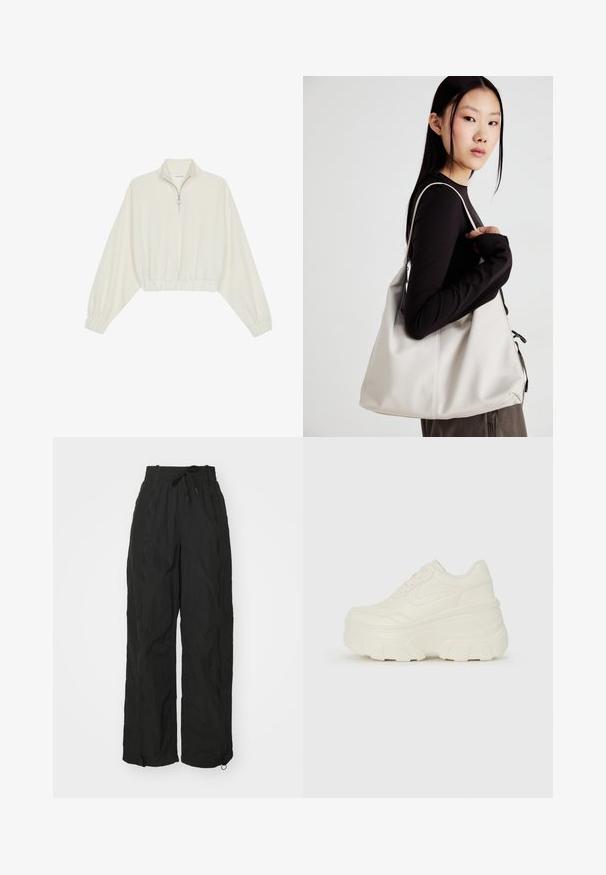 Kratka pulover v kremnem blagu, z visokim ovratnikom, pol-zadrgo, elastičnim robom in manšetami, z gladko teksturo in minimalističnim oblikovanjem.; Črne široke hlače iz lahkega teksturiranega materiala. Imajo elastični pas, detajl z vrvico in zadrge na območju gležnjev.; Bele platformske tene z belim zgornjim delom, ki spominja na usnje, okroglo obliko, oblazinjen ovratnik ter gumo z teksturo na podplatu z izrazitimi profili.; Bežna torbica iz mehkega materiala, z ohlapno zasnovo, šivi in dvema naramnicama. Primerna za vsakodnevno uporabo.
