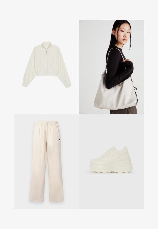 Pulover scurt din stofă crem, cu guler înalt, închidere cu fermoar pe jumătate, elastic la margini și la manșete, cu o textură netedă și un design minimalist.; Pantaloni largi de un bej deschis, cu talie elastică și șnur. Prezintă un mic logo negru pe lateral. Textură netedă.; Adidași platformă albi, cu un superior neted asemănător cu pielea, formă rotunjită, guler căptușit și talpă din cauciuc texturată cu borduri bine definite.; Geantă bej din material moale, cu un design lejer, detalii cusute și două bretele pentru umăr. Potrivită pentru utilizarea zilnică.