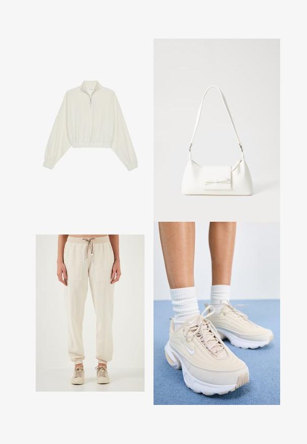 Lyhyt kerrosvaate vaaleasta kankaasta, jossa on korkea kaulus, puolivetoketjukiinnitys, joustavat helma ja hihansuut, tasainen pinta ja minimalistinen muotoilu.; Vaaleanbeige juoksuhousut, joissa on joustovyötärö ja nauhakuja, kahdella suurella etutaskulla ja joustavat hihnat nilkoissa.; Beige urheilukengät, joissa on teksturoitu päällinen, valkoiset nauhat ja paksu valkoinen pohja. Suunnittelussa on hienovaraisia kaaria ja pieni logo.; Valkoinen synteettinen käsilaukku, jossa on kolmikulmainen muoto, tasainen etu läppä ja nauhadetail, säädettävä olkahihna, sileä rakenne ja minimalinen muotoilu.