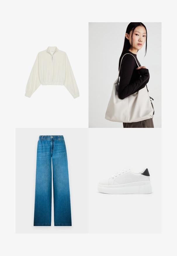 Sudadera cropped en tejido crema, con cuello alto, cierre de media cremallera, dobladillo y puños elásticos, con una textura suave y un diseño minimalista.; Jeans de pierna ancha fabricados en denim azul claro, con una cinturilla elástica, cierre de botón y un diseño de corte recto con efecto desvanecido.; Zapatillas de plataforma blancas hechas de material sintético suave, con punta redondeada, diseño de cordones y suela de goma texturizada. Acento en el talón negro.; Bolso de mano beige hecho de material suave, con un diseño holgado, detalles cosidos y dos asas. Adecuado para uso diario.