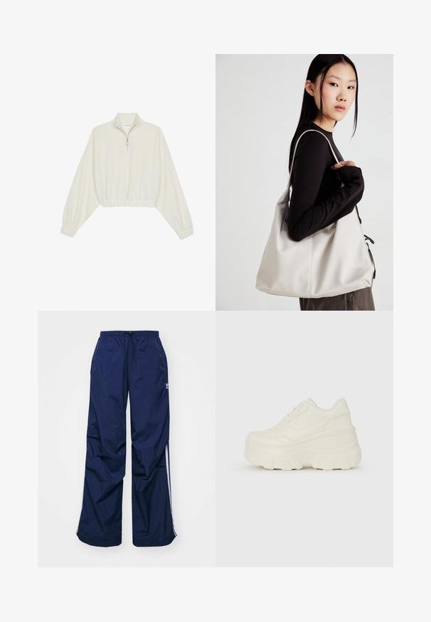 Pullover accorciato in tessuto crema, con colletto alto, chiusura a zip parziale, orlo e polsini elasticizzati, dalla texture liscia e design minimal.; Pantaloni da track a gamba larga di colore blu navy, realizzati in tessuto leggero. Dispongono di una vita elastica con cordoncino e strisce bianche laterali.; Sneakers bianchi con piattaforma, caratterizzati da una parte superiore simile alla pelle liscia, forma arrotondata, collo imbottito e suola in gomma testurizzata con scanalature ben definite.; Borsa a mano beige realizzata in materiale morbido, caratterizzata da un design morbido, dettagli cuciti e due manici. Adatta per l'uso quotidiano.