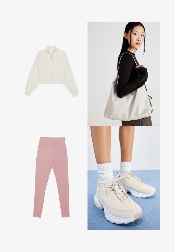 Geknipt pullover in crèmekleurige stof, met een hoge kraag, halve rits, elastische zoom en manchetten, met een soepele textuur en minimalistisch ontwerp.; Roze legging met hoge taille gemaakt van rekbare stof. Heeft een gladde textuur met een logo-accent op de linkerheup en gestikte naden.; Beige sport schoenen met een textuur bovenkant, witte veters en een dikke witte zool. Het ontwerp heeft subtiele rondingen en een klein logo.; Beige handtas gemaakt van zacht materiaal, met een slonzig ontwerp, gestikte details en twee schouderbanden. Geschikt voor dagelijks gebruik.