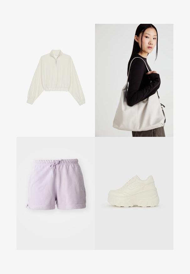 Kratka pulover v kremnem blagu, z visokim ovratnikom, pol-zadrgo, elastičnim robom in manšetami, z gladko teksturo in minimalističnim oblikovanjem.; Lila bombažna kratka hlače z elastičnim pasom, vrvico in stranskimi razpoki. Imajo bel Jordan logotip na levi stegni.; Bele platformske tene z belim zgornjim delom, ki spominja na usnje, okroglo obliko, oblazinjen ovratnik ter gumo z teksturo na podplatu z izrazitimi profili.; Bežna torbica iz mehkega materiala, z ohlapno zasnovo, šivi in dvema naramnicama. Primerna za vsakodnevno uporabo.