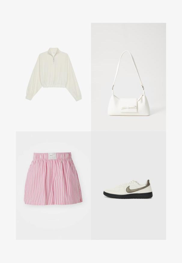Kreminės spalvos trumpas megztinis, turintis aukštą apykaklę, pusiau užtrauktuką, elastinį apačią irRankovių kraštus, su lygiu paviršiumi ir minimalizuotu dizainu.; Rožinės ir baltos juostelėmis šortai su elastinga juostele. Priekyje yra logotipo etiketė, pagaminta iš lengvo medžiagos.; Nike Sportswear FIELD GENERAL - Sportbačiai - off-white/black; Balta sintetinė rankinė trikampio formos, plokščiu priekiu su užsegimu, kaspino detale, reguliuojama dirželiu, lygia tekstūra ir minimalistišku dizainu.
