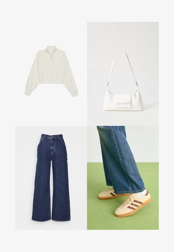 Kreptais pusītes džemperis krēmkrāsā, ar augstu apkakli, puszipa aizdari, elastīgu apakšmalu un aprocēm, ar gludu tekstūru un minimālistisku dizainu.; Tumši zili, brīvi pieguļoši džinsi ar augstu jostu, priekšējiem kabatām un rāvējslēdzēju ar metāla pogu. Gluda tekstūra un klasika dizains.; Beidzīgi krēmbalti sporta apavi ar tekstūru un brūnā svītra, apvienoti ar zilu džinsu biksēm. Džinsus raksturo plata kāja un saplēsts apakšmalas dizains.; Balta sintētiska soma ar trīsstūrveida formu, plakanu priekšējo vāciņu un loku detaļu, regulējamu siksnu, gludu tekstūru un minimālistisku dizainu.