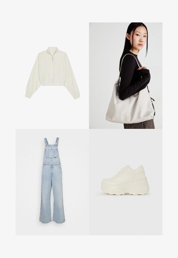 Krém színű, rövidített pulóver, magas gallérral, félig cipzáros záródással, elasztikus derék- és ujjakrésszel, sima textúrával és minimalista dizájnnal.; Világoskék farmerbirkózók széles lábakkal, állítható pántokkal, elülső zsebbel és oldalzsebekkel. Az anyag megviselt textúrával rendelkezik.; Fehér platform sportcipők, sima bőrszerű felsőrésszel, kerek formával, párnázott bokával és texturált gumitalppal, jól definiált mintázattal.; Puha anyagból készült bézs kézitáska, laza dizájnnal, varrott részletekkel és két vállpánttal. Mindennapi használatra alkalmas.