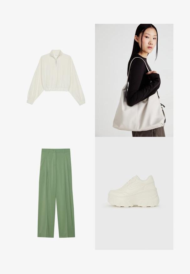 Kreptais pusītes džemperis krēmkrāsā, ar augstu apkakli, puszipa aizdari, elastīgu apakšmalu un aprocēm, ar gludu tekstūru un minimālistisku dizainu.; Zaļi plaši slīdoši bikses, kas izgatavotas no gludas auduma. Iezīmējas ar krokojumiem priekšā, vienu pogu aizdari un jostu cilpiņām.; Baltie platformas sporta apavi, kas izgatavoti no gludas mākslīgās ādas, ar noapaļotu formu, mīkstu apkakli un teksturētu gumijas zoli ar izteiktiem rakstiem.; Bežs rokassoma, izgatavota no mīksta materiāla, ar brīvu dizainu, izšūtu apdari un divām plecu siksnām. Piemērota ikdienas lietošanai.