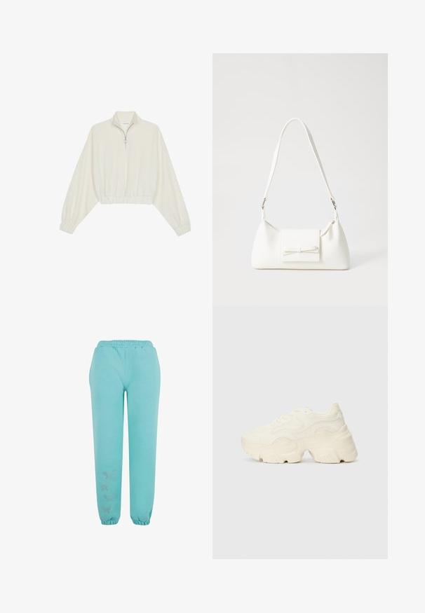 Skórzany pulower w kolorze kremowym, z wysokim kołnierzem, półzamkiem, elastycznym wykończeniem u dołu i mankietami, o gładkiej teksturze i minimalistycznym designie.; Turkusowe spodnie dresowe wykonane z miękkiego materiału, z elastycznym pasem, elastycznymi mankietami oraz ozdobnymi aplikacjami w kształcie motylków.; Podeszwa chunky białych sneakersów wykonana z teksturowanej siateczki i materiałów syntetycznych, z grubą podeszwą i skomplikowanymi detalami wzoru po bokach.; Biała syntetyczna torba o trójkątnym kształcie, płaskim przednim klapce i detalach w postaci kokardy, regulowanym pasku, gładkiej fakturze oraz minimalistycznym designie.