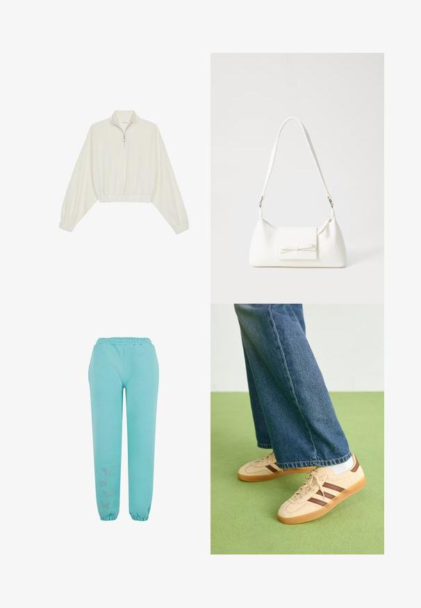 Lyhyt kerrosvaate vaaleasta kankaasta, jossa on korkea kaulus, puolivetoketjukiinnitys, joustavat helma ja hihansuut, tasainen pinta ja minimalistinen muotoilu.; Turkoosi jogger-housut, jotka on valmistettu pehmeästä kankaasta, ja joissa on joustava vyötärö, joustavat hihnat ja koristeelliset perhosembellishments.; Beige lenkkarit, joissa on tekstuuriset kerma-paneelit ja ruskeat raidat, yhdistettynä sinisiin farkkuihin. Farkut ovat leveät ja niissä on repaleinen helma.; Valkoinen synteettinen käsilaukku, jossa on kolmikulmainen muoto, tasainen etu läppä ja nauhadetail, säädettävä olkahihna, sileä rakenne ja minimalinen muotoilu.