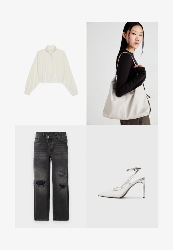 Pullover curto em tecido creme, apresentando um colarinho alto, fecho de meio zíper, bainha e punhos elásticos, com uma textura suave e design minimalista.; Jeans de ganga pretos com corte reto, apresentando dois recortes desgastados nos joelhos, um leve desbotado e elementos em laranja.; Shoe com salto stiletto claro e bico fino, material transparente, detalhes metálicos prateados e tira ajustável no tornozelo.; Uma bolsa bege feita de material macio, com um design descontraído, detalhes de costura e duas alças para o ombro. Adequada para uso diário.