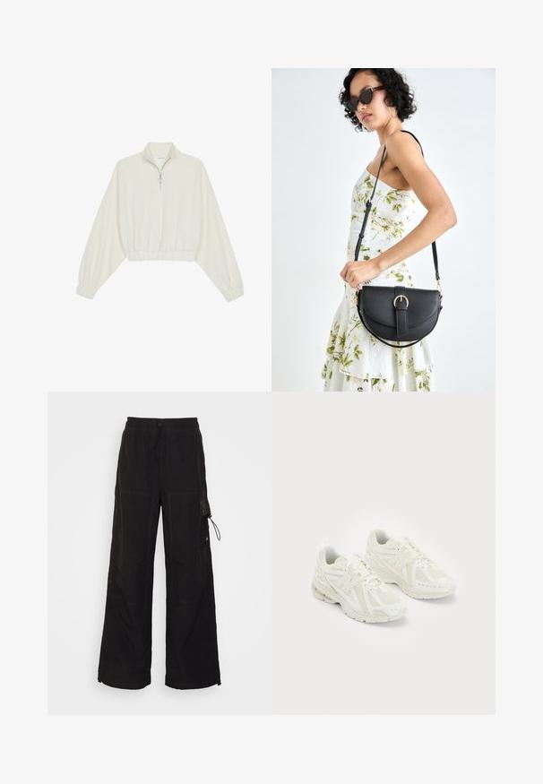 Kratka pulover v kremnem blagu, z visokim ovratnikom, pol-zadrgo, elastičnim robom in manšetami, z gladko teksturo in minimalističnim oblikovanjem.; Črne široke hlače iz teksturiranega blaga. Imajo elastiko v pasu z vrvico, stranske žepe in kontrastne šive.; Beli športni copati iz mrežastih in sintetičnih materialov, z vezalkami, oblazinjenim ovratnikom in strukturiranim podplatom za oprijem. Lahka konstrukcija.; Črna usnjena torbica s ukrivljeno obliko, z odstranljivo naramnico in zlatimi dodatki. Torbica ima pokrov s podrobnostmi v obliki zaponke.