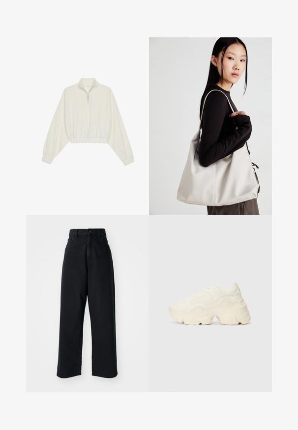 Kreminės spalvos trumpas megztinis, turintis aukštą apykaklę, pusiau užtrauktuką, elastinį apačią irRankovių kraštus, su lygiu paviršiumi ir minimalizuotu dizainu.; Juodos aukšto liemens plačios kojų džinsai su priekiniu kišenių ir sagų uždarymu, eksponuojami prieš paprastą baltą foną.; Masyvios baltos sportbačiai, pagaminti iš tekstūruoto tinklelio ir sintetinių medžiagų, pasižymintys storu padu ir išsamiu raštų detalizavimu šonuose.; Bežinė rankinė, pagaminta iš minkštos medžiagos, turinti laisvą dizainą, siuvinėtas detalės ir dvi petnešos. Tinkama kasdieniam naudojimui.