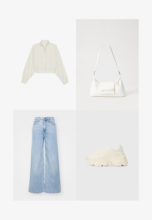 Krém színű, rövidített pulóver, magas gallérral, félig cipzáros záródással, elasztikus derék- és ujjakrésszel, sima textúrával és minimalista dizájnnal.; Világoskék, széles szárú farmernadrág, magas derekú, gombos záródással és enyhe kopással. Az élek szépen hajtva vannak.; Tömbös fehér sneakers, amely texturált hálóból és szintetikus anyagokból készült, vastag talppal és bonyolult mintázattal az oldalakon.; Fehér szintetikus kézitáska, háromszög alakú, lapos előlap, masni részlettel, állítható pánttal, sima textúrával és minimalista dizájnnal.