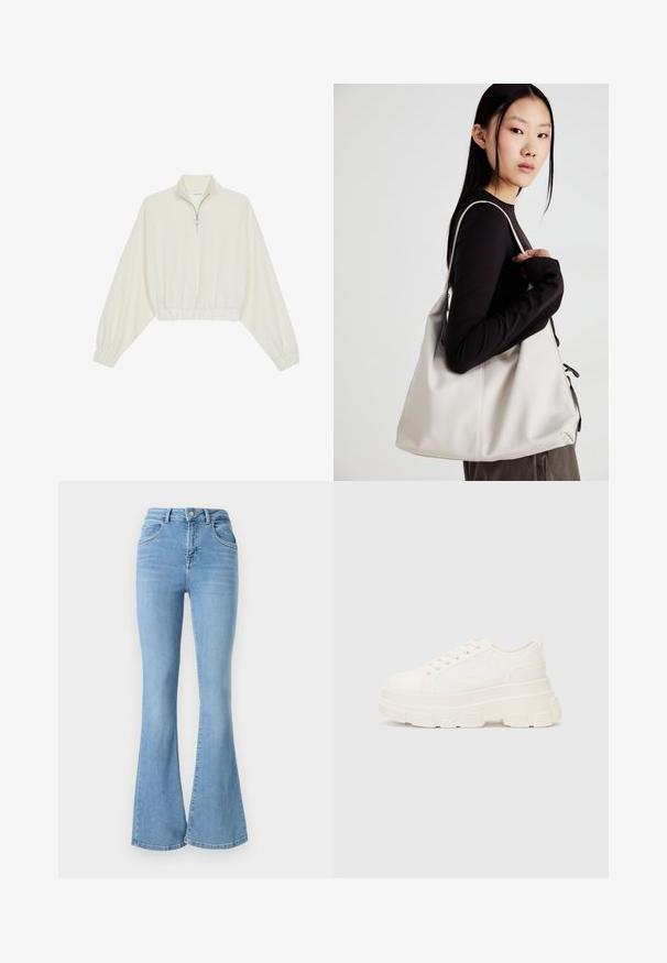 Kreemfarbenest lühikese varrukaga kudum, millel on kõrge kaelus, pool tõmblukk, elastne allosa ja varrukad, sile tekstuur ja minimaalne disain.; Heledad sinine flare-stiilis teksad, mis on valmistatud denimist, kõrge vöökoha, kahe esi-tasku ja õmblusega detailidega kõikjal õmblustes.; Valge kangast tennis, millel on paks tald, ümar varvas ja viis augukeed lakkide jaoks. Tagumine silt lihtsaks jalga panemiseks. Sile tekstuur, minimalistik disain.; Bež käekott pehme materjali, millel on lõtv disain, õmblustega detailid ja kaks õlarihma. Sobib igapäevaseks kasutamiseks.